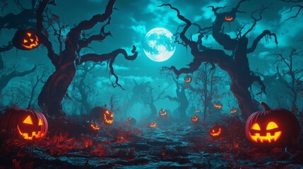 Illuminated Jack-o'-lanterns Amidst Silhouetted Trees and a Full Moon