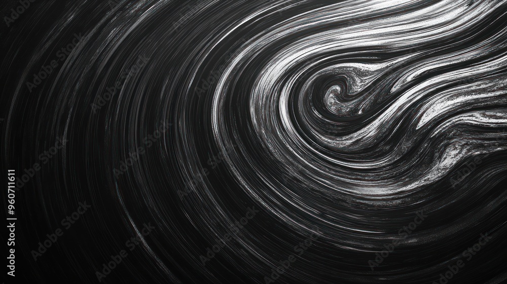 Poster abstract swirls of black and white paint create a dynamic visual texture, evoking movement and depth