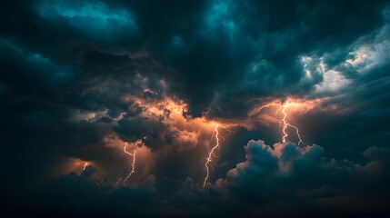 A dramatic photograph of lightning in the sky, with multiple lightning bolts illuminating dark clouds over an open landscape at night