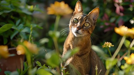 Abyssinian in the garden, wide shot. 