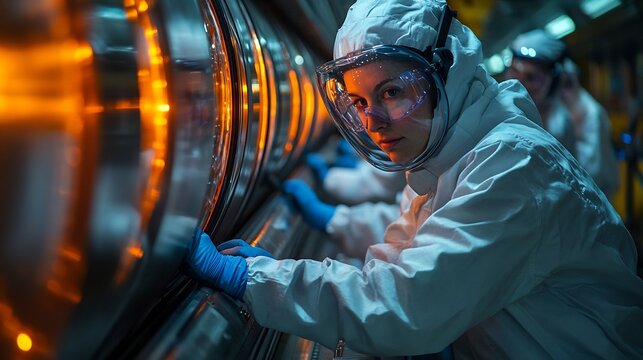Team of scientists using a particle accelerator to study the properties of newly synthesized superheavy elements