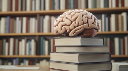 A human brain model resting on a stack of books, symbolizing knowledge and education.