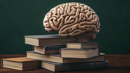 A realistic model of a brain rests on a stack of vintage books, symbolizing knowledge and learning.