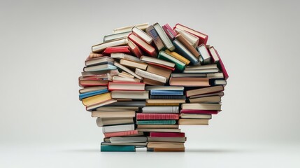 A creative arrangement of books forming the shape of a human brain, symbolizing knowledge and education.