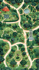 A map of a park in a lush ecoregion, showcasing an abundant variety of trees and paths for visitors to explore the natural environment and observe diverse terrestrial plants and organisms