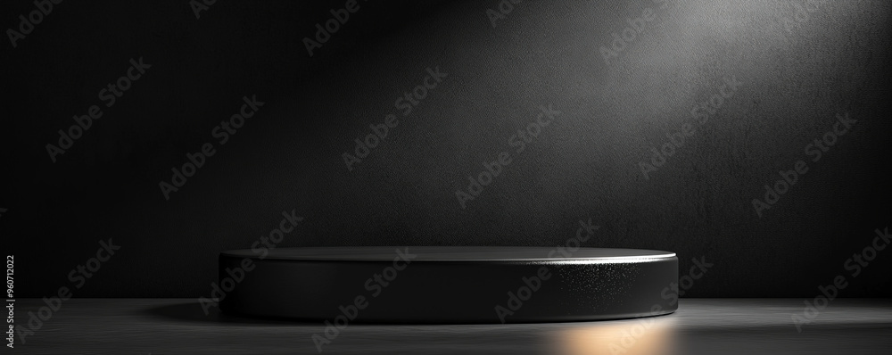 Poster a glossy, black podium with a rounded design, set against a dark, minimalist background with subtle 