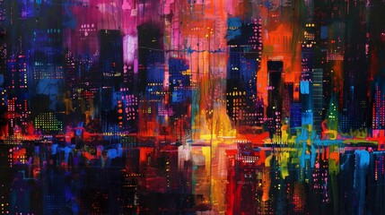 An abstract cityscape with tall buildings and colorful lights