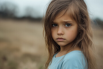 Fototapeta premium sad little girl wearing blue torn t shirt with long messy hair