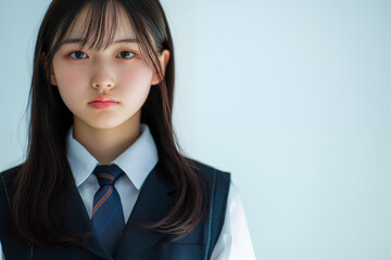 young Asian schoolgirl wearing uniform with a vest and necktie