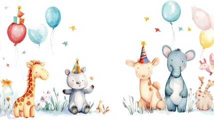Naklejka premium A cheerful watercolor illustration featuring adorable baby animals celebrating with balloons and party hats.
