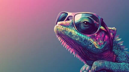 A colorful lizard sporting stylish sunglasses, exuding a cool and vibrant vibe amidst a gradient background.