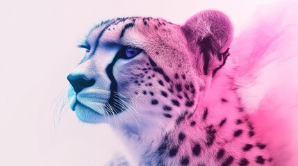 Obraz premium A striking close-up of a cheetah with vibrant pink and blue hues highlighting its features.