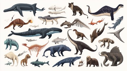 Obraz premium A diverse collection of prehistoric and modern marine and terrestrial animals featuring various species and their skeletal forms.