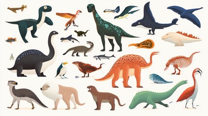 Obraz premium A vibrant illustration featuring various dinosaurs and prehistoric creatures in a playful design.