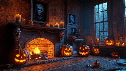 Obraz premium Halloween Room with Jack-o'-Lanterns, Fireplace, and Candles