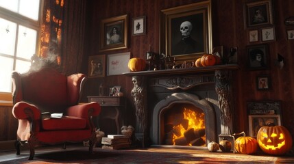 Naklejka premium A Cosy Halloween Interior with a Fireplace and a Carved Pumpkin