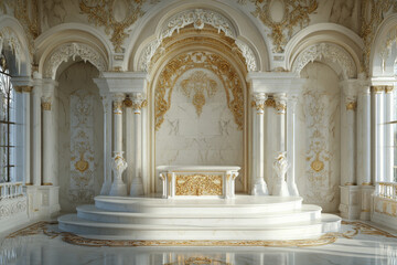 Fototapeta premium A luxurious stone podium made of white marble with intricate gold inlays, set in an elegant, classical interior with ornate decorations.