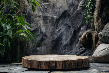 A rustic wooden podium with visible grain and texture, standing on a stone floor with a background of natural elements, like plants and rocks.