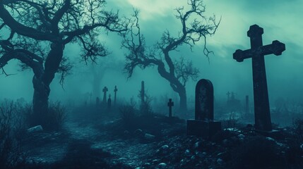 A Foggy Graveyard with a Large Cross and Bare Trees