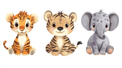 Obraz premium Adorable cartoon animals: a cheerful tiger cub, a playful tiger, and a cute baby elephant, perfect for children's designs.