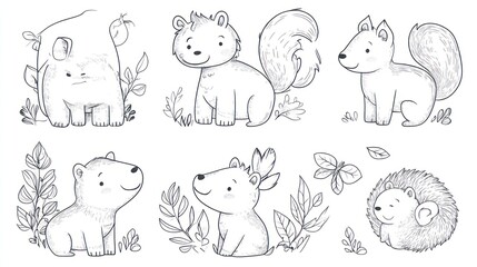 Obraz premium A charming collection of cute, hand-drawn animal illustrations featuring a bear, lion, fox, squirrel, porcupine, and hedgehog.