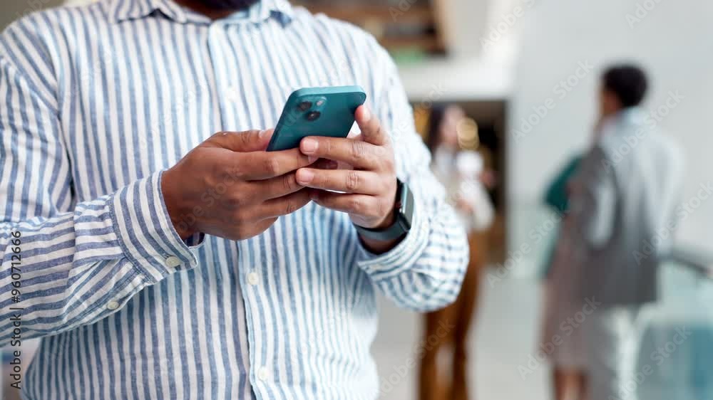 Aufkleber Office, hands and man with texting on smartphone for email notification, message and mobile app. Business person, professional and break on social media post, profile and comments for connection