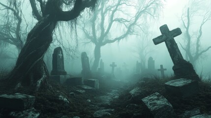 Foggy Graveyard with Stone Cross and Tombstones