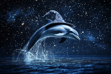 Obraz premium A graceful dolphin leaping out of the ocean, wearing a witch hat with a wave pattern, under a night sky filled with stars.