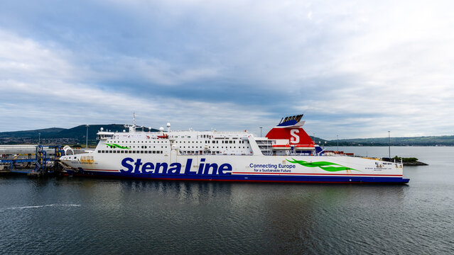 Belfast, Northern Ireland - July 17, 2024: The Stena Superfast VIII travels from Cairnryan, Scotland to Belfast. The Stena Line is one of the world&rsquo;s largest ferry companies.