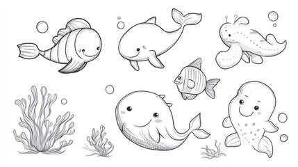 Obraz premium A cheerful collection of hand-drawn sea creatures, including a fish, whale, and a playful sea turtle, set against a marine backdrop.