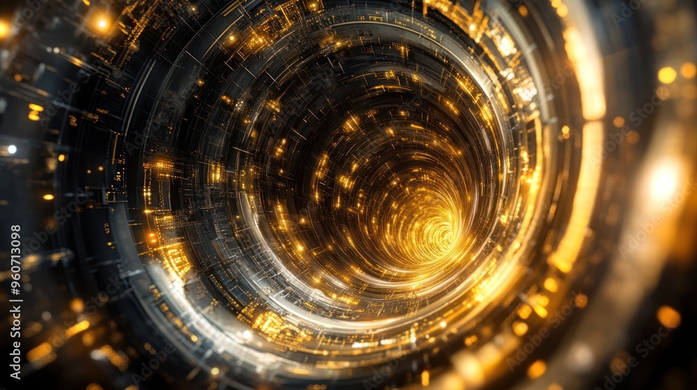 Poster a mesmerizing spiral tunnel of glowing golden lights and intricate digital patterns, creating a sens