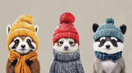 Obraz premium Three adorable cartoon raccoons wearing colorful winter hats and scarves, exuding a cozy, playful vibe amidst a soft, neutral background.