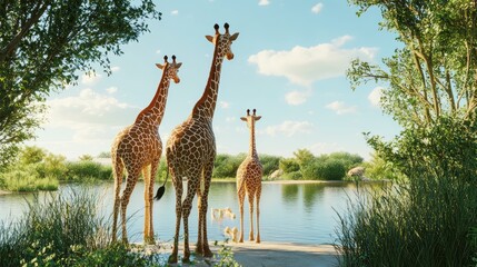 Obraz premium Three giraffes stand gracefully by a serene lake under a bright sky, surrounded by lush greenery.