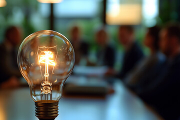 Close-up of a glowing light bulb with a business team meeting in the background.