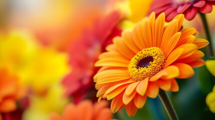 Obraz premium A close up of a yellow and orange flower with a green stem