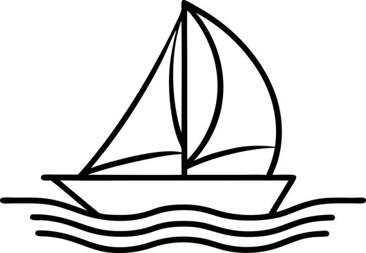 recommend clip art: Simple Line Drawing of a Sailing Boat on Ocean Waves for Nautical Themed Art and Design