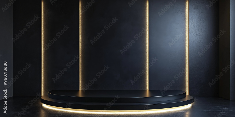Poster a glossy black podium with sharp, geometric lines, placed against a dark, moody background with subt
