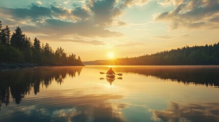 Kayaking in Northwest Ontario, Canada, at dusk on a serene lake.