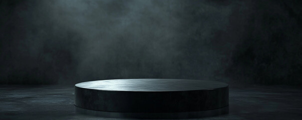 A round, black podium with a glossy finish, placed in front of a dark, dramatic background with subtle lighting to highlight the podiumâ€™s edges.