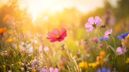A field of flowers with a bright sun shining on them
