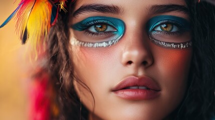 Fototapeta premium A woman with blue and yellow makeup on her face