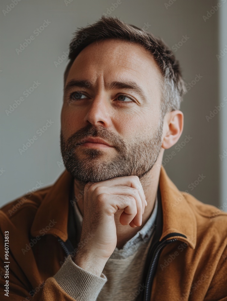 Poster a man sits thoughtfully, resting his chin on his hand while lost in contemplation within a serene in