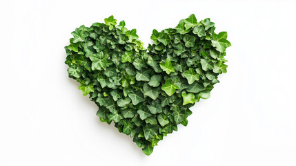 Top view of a heart made from green leaves on white.
