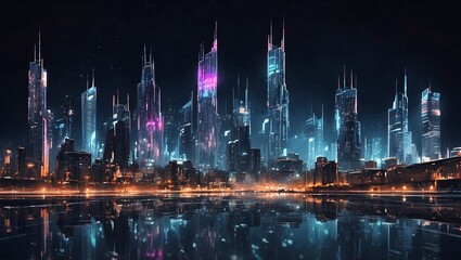 Obraz premium Futuristic cityscape with neon lights reflecting on water at night