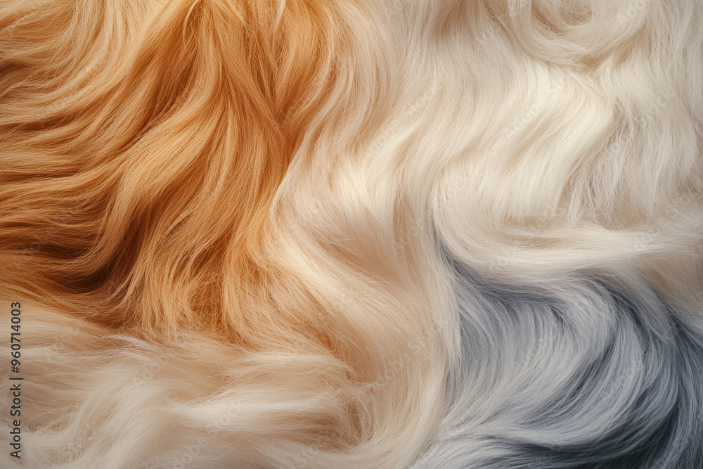 Poster a fur textured surface with soft, flowing strands, featuring a gradient of colors that add depth and