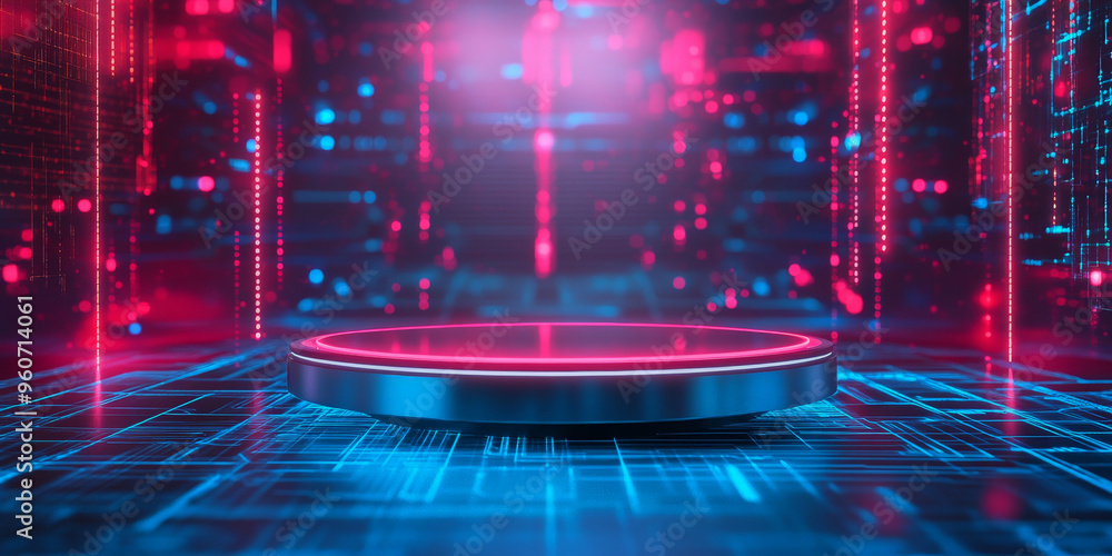 Poster a futuristic podium with a glass surface and metallic base, placed against a high-tech background wi