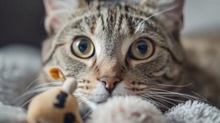 Egyptian Mau with a toy mouse, close-up. 