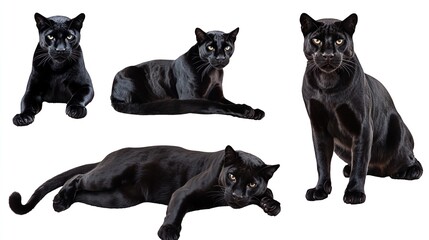 Naklejka premium A black cat is shown in four different poses, with one of them laying down