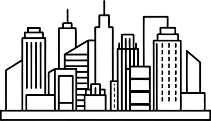 Black and White Line Art Illustration of a Modern City Skyline with Skyscrapers