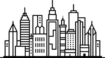 Obraz premium Urban Cityscape Illustration Featuring Skyline with Modern Skyscrapers Against Blue Sky Backdrop